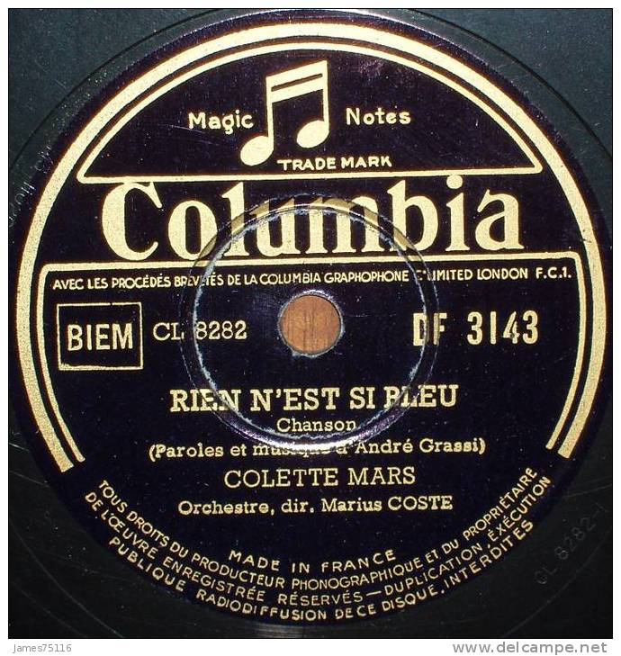 Colette MARS - Nostalgie / Rien N´est Si Bleu. 78T Etat Neuf - 78 T - Disques Pour Gramophone