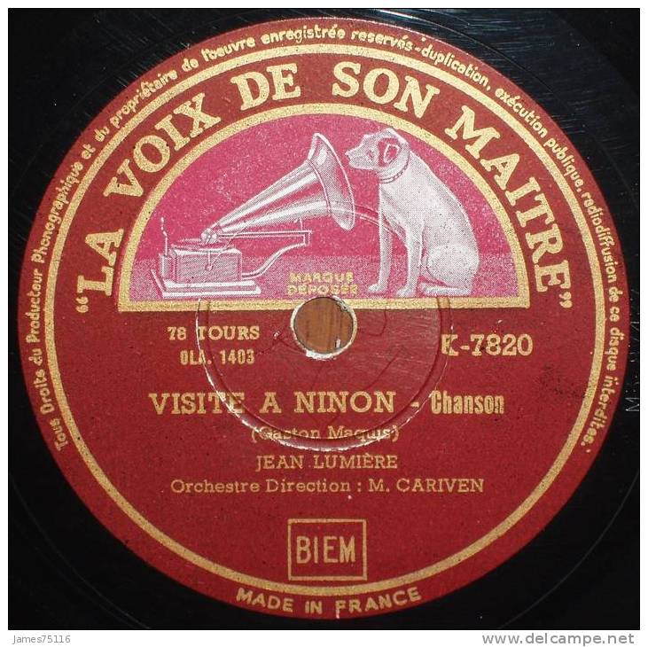 Jean LUMIERE - La Closerie Aux Genêts / Visite à Ninon. 78T Etat Neuf - 78 T - Disques Pour Gramophone