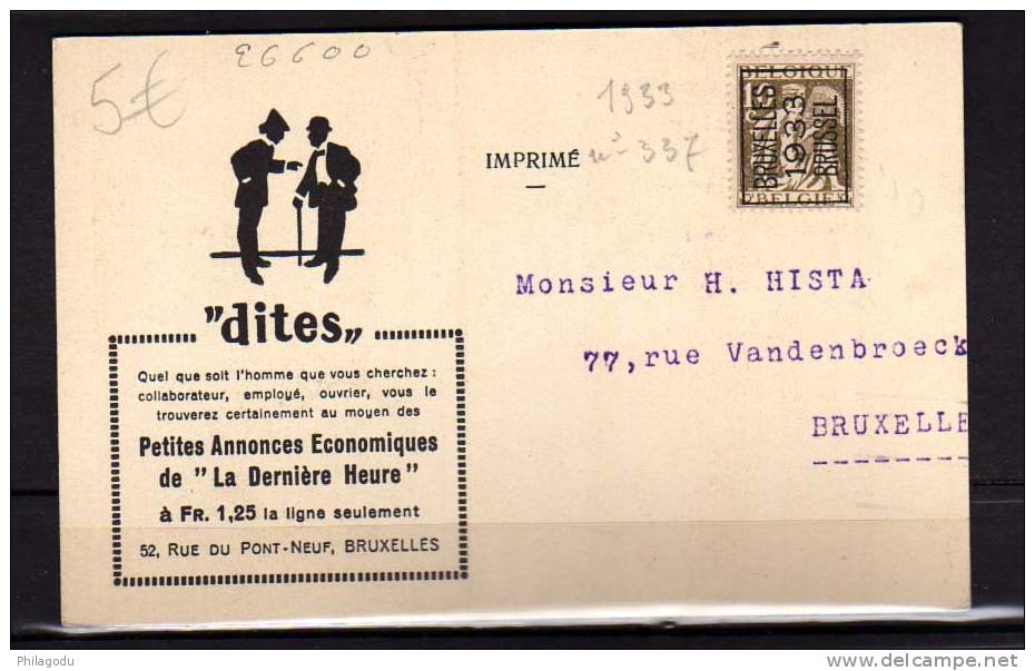 Belgique 1933, Carte Postale Imprimé Publicitaire  De La Dernière Heure Allée Verte à Bruxelles - Typos 1932-36 (Cérès Et Mercure)