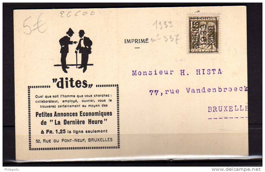 Belgique 1933, Carte Postale Imprimé Publicitaire  De La Dernière Heure Allée Verte à Bruxelles - Tipo 1932-36 (Ceres E Mercurio)