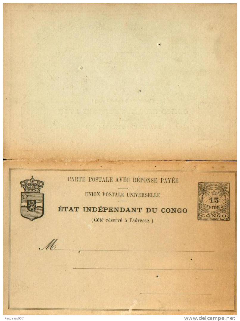 A0009 - Carte Postale Avec Réponse Prépayée 10 Centimes Noir - état Indépendant Du Congo 15 Centimes Noir - 1a - Postwaardestukken