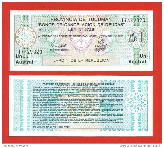 ARGENTINA  (Provincia De Tucuman) 1 Austral 30-11-1991 PLANCHA/UNC   DL-4281 - Argentinië