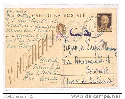 3028)intero Postale Con 30c Imperiale Da Sorrento A Bronte Il 2-8-1944 - Marcophilie
