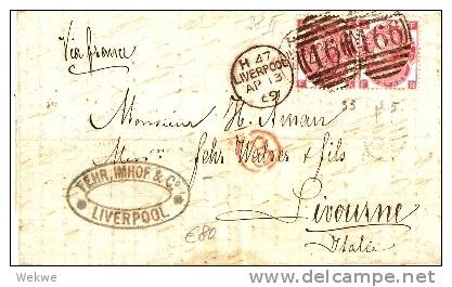 GBV065 / Paar Three Pence Pl. 5 1869 Ex Liverpool Nach  Livorno, Italien - Cartas & Documentos