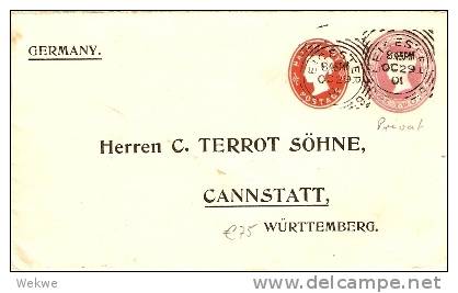 GBV075 / Firmen-GA, Prägedruck Victoria 2 Wertstufen 1901, Leichester Nach Cannstatt, Deutschland - Brieven En Documenten