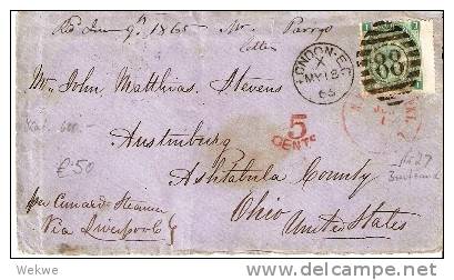 GBV092 / Briefvorderseite Mit Breitrandmarke 1 Shi., USA 1865 Via Liverpool - Covers & Documents