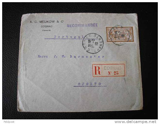 LETTRE DE COGNAC POUR PORTO - PORTUGAL - 1910 - RECOMMANDE - 1900-27 Merson