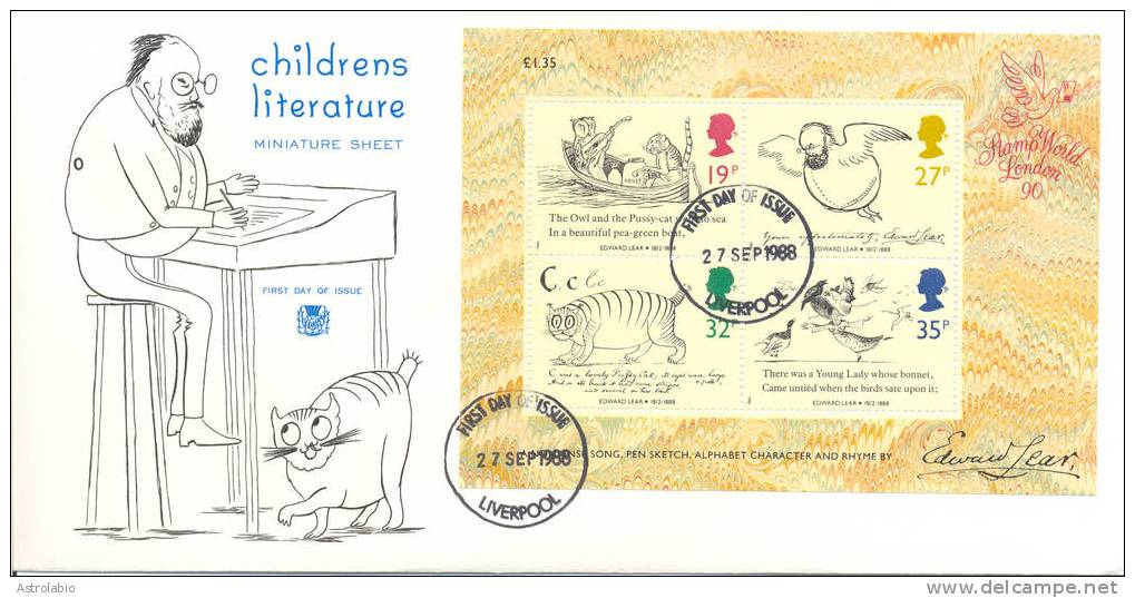 Edward Lear, Dessinateur De Contes Pour Enfants FDC 1988 Grande-Bretagne Bandes Dessinées, Yvert Bloc 4 - Cómics