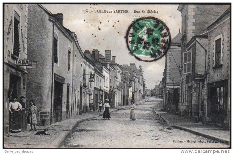 72 SABLE Sur SARTHE -1501- Rue St Nicolas, Animée, Ed Malicot, Voyagé 1915 - Sable Sur Sarthe