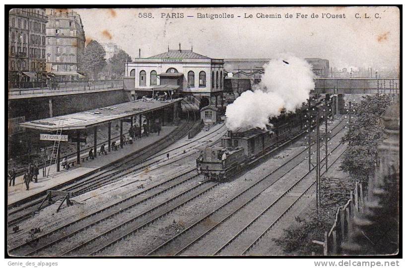 75 PARIS 17ème -588- Batignoles, Chemin De Fer De L'Ouest, Animée, Train Entrant En Gare, Voyagé 1904, Pli Inf.droit - District 17