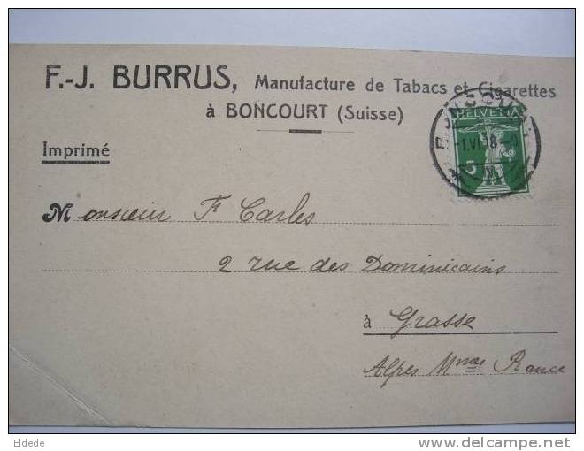 Boncourt FJ. Burrus Manufacture De Tabacs Et Cigarettes Pli Coin Inf. Gauche - Boncourt