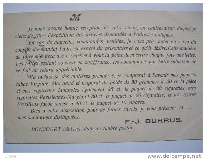 Boncourt FJ. Burrus Manufacture De Tabacs Et Cigarettes Pli Coin Inf. Gauche - Boncourt