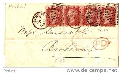 GBV136 / One Penny 4-er Sreifen Nach Bordeaux, PD Im Oval. - Storia Postale