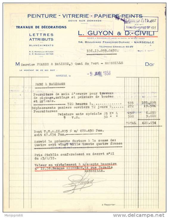 Facture Recto Verso De La Société L. GUYON & D. CIVILI (Travaux De Décorations) De Marseille Et De 1958 - Droguerie & Parfumerie