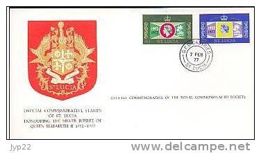 Jolie FDC 1er Jour St Lucia Silver Jubilee Queen Reine Elizabeth II 9-02-77 Armoiries Blason - St.Lucie (1979-...)