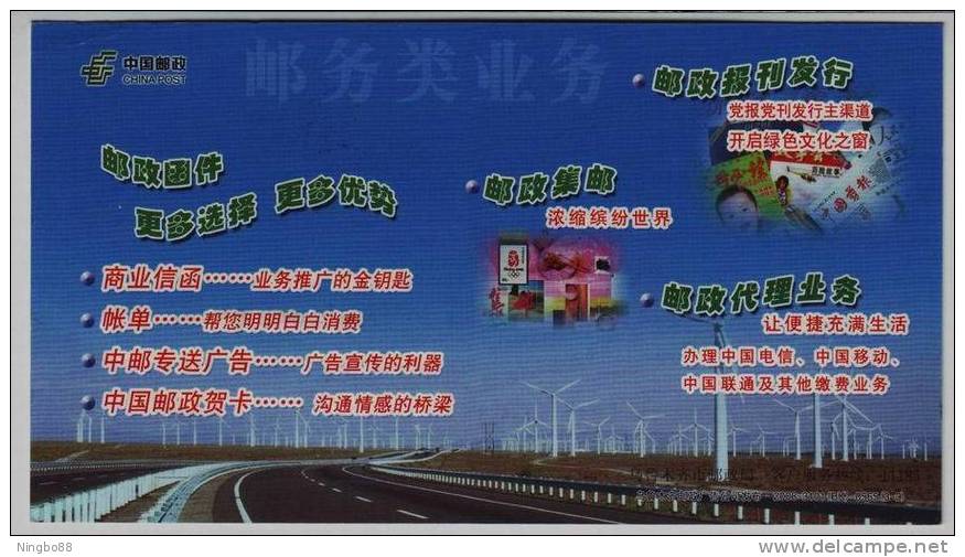 Windmill,Wind Power Station,Expressway,China 2008 Xinjiang Post Business Advertising Postal Stationery Card - Moulins