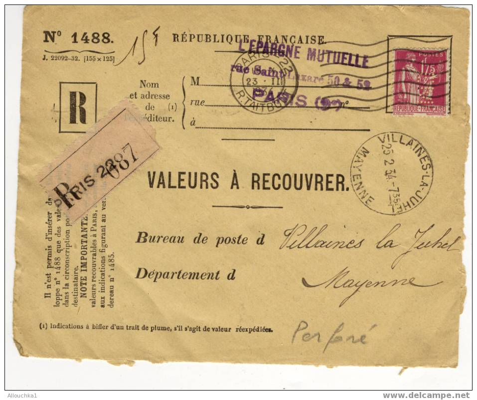 MARCOPHILE FRANCE DEVANT DE LETTRE DE BANQUE /BANK PERFORES/PERFINS/PERFORATIS / PERFURADOS VALEURS A RECOUVRER R  1934 - Perforadas