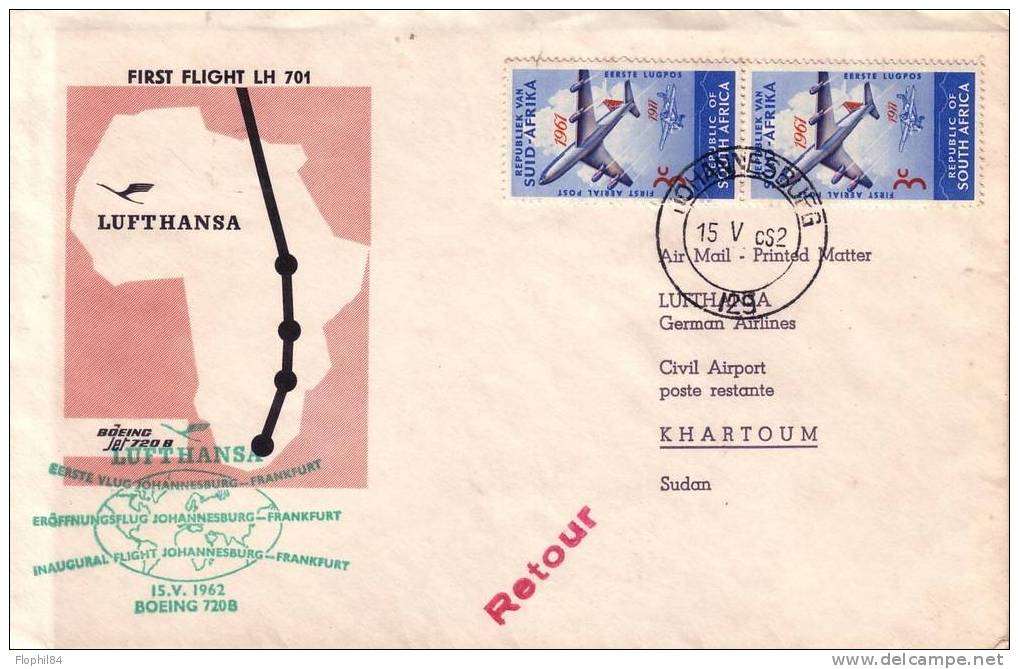 AFRIQUE DU SUD-POUR KHARTOUM AU SOUDAN -POSTE AERIENNE 1962 - PAR BOING 720B DE LA LUFTHANSA - Autres & Non Classés