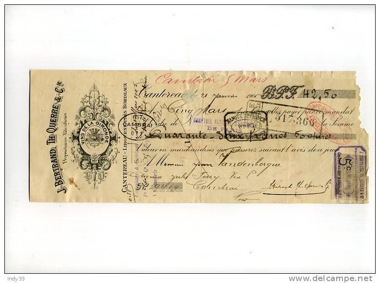 - FRANCE LETTRE DE CHANGE . J.BERTRAND , TH. QUERRE & Cie . 1905 - Bills Of Exchange