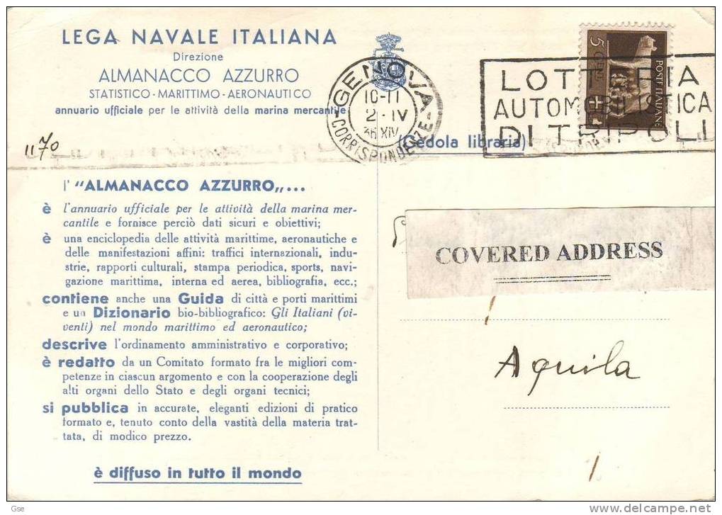 ITALIA 1936 - Cartolina - Annullo Meccanico - Lotteria Automobilistica Di Tripoli - Otros (Mar)