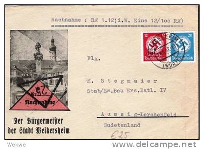 III-112/ Dienstbrief Als Nachnahme, Stadt Weikersheim 1942 - Storia Postale