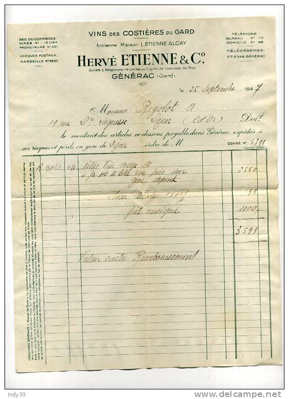 - VINS DES COSTIERES DU GARD . H. ETIENNE & C° A GENERAC (GARD) 1947 - Invoices