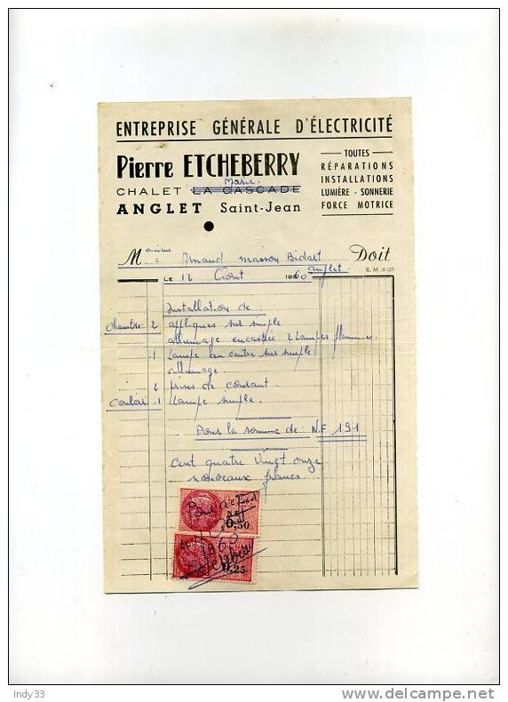 - France ; ENTREPRISE GENERALE D´ELECTRICITE P. ETCHEBERRY A ANBLET SAINT-JEAN . 1960 - Elektrizität & Gas