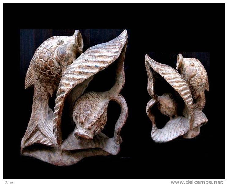 Sculpture De Thaïlande: Deux Poissons / Wooden Statue Featuring 2 Tai Fishes - Holz