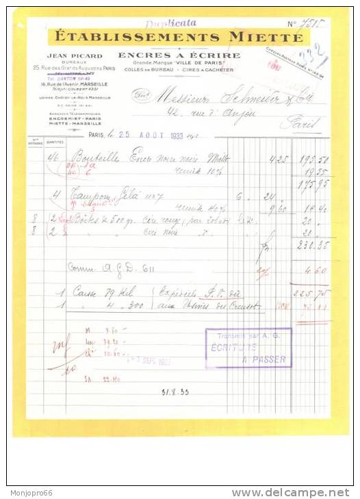 Facture Des Etablissements MIETTE De Paris Et De 1933 - Printing & Stationeries