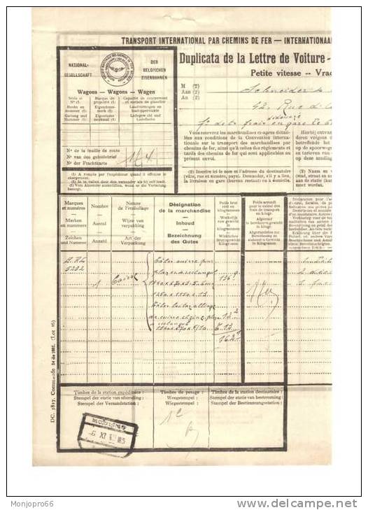 Lettre De Voiture De La Société De Transport International Par Chemin De Fer De 1933 - Sports & Tourisme