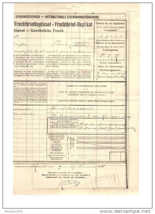 Lettre De Voiture De La Société De Transport International Par Chemin De Fer De 1933 - Sports & Tourisme