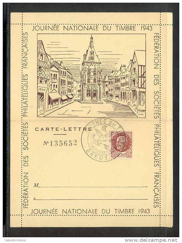 France  FDC Journée Timbre 1943 Carte Lettre 6 Dreux - ....-1949