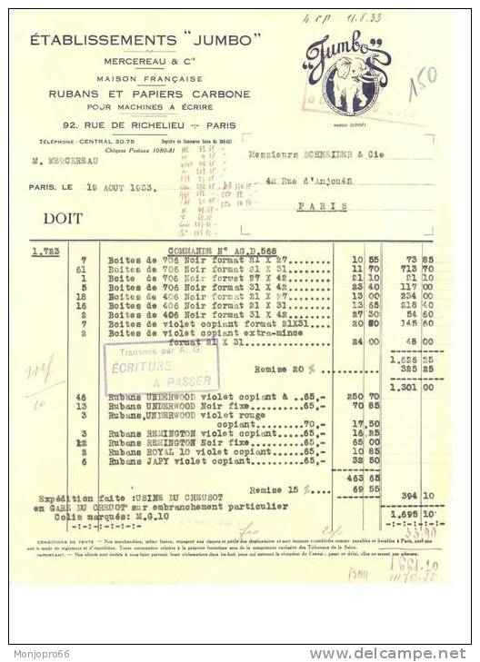 Facture Des Etablissements JUMBO De Paris Et De 1933 - Imprimerie & Papeterie