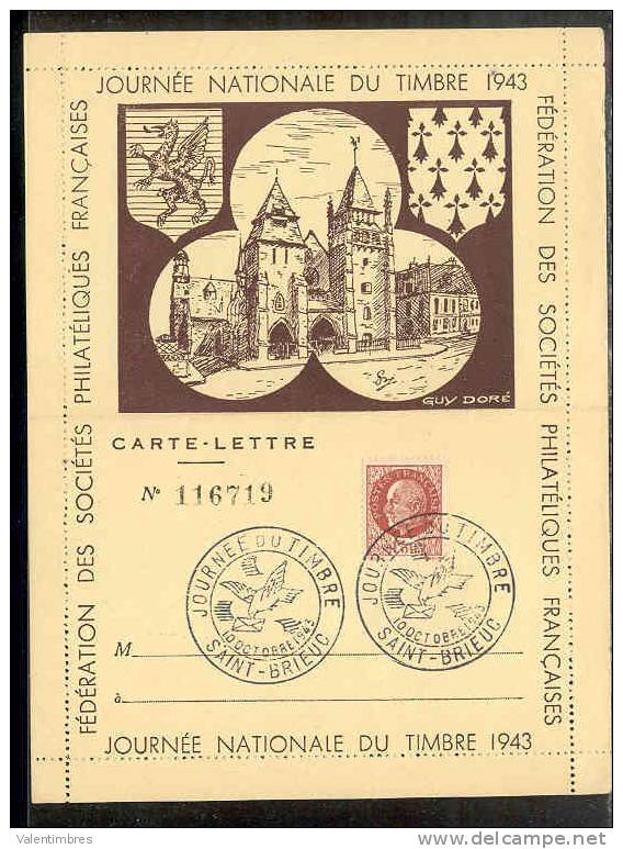 France  FDC Journée Timbre 1943 Carte Lettre 8 Saint Brieuc - ....-1949