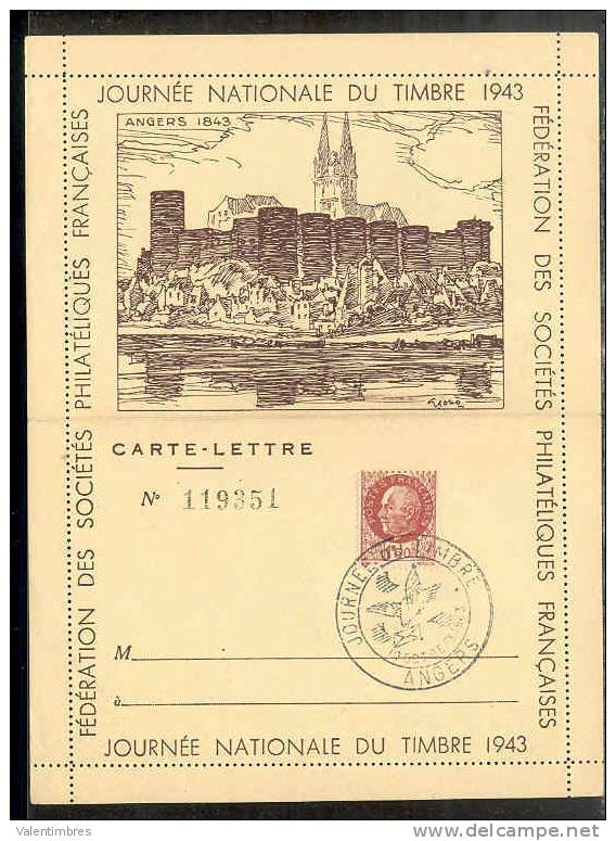France  FDC Journée Timbre 1943 Carte Lettre 12 Angers - ....-1949