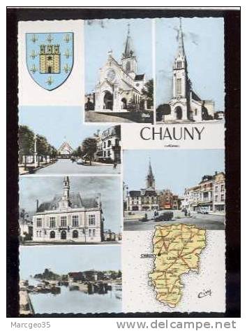 25289 Chauny Multivue Avec Blason & Carte  édit.combier N° 162 Peniche Automobile  Belle Cpsm - Chauny