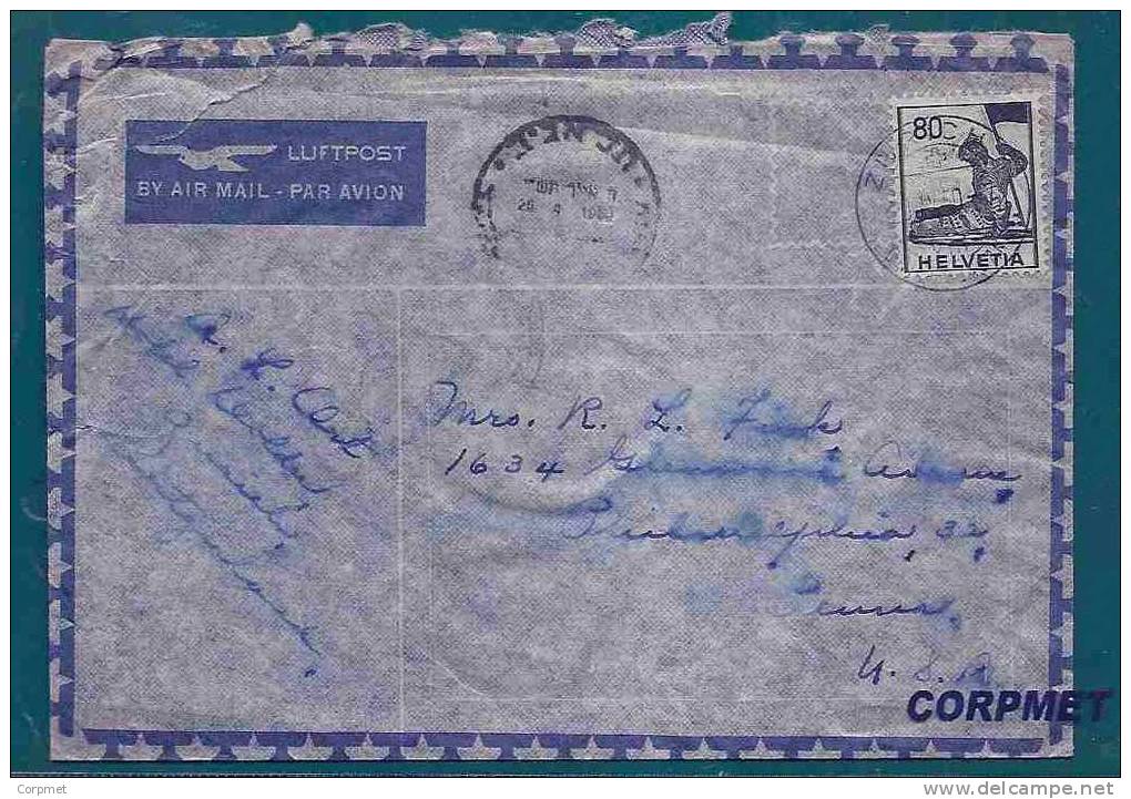 SWITZERLAND 1950 COVER ZURICH To PENNSYLVANIA, USA - MISTAKEN SEND TO ISRAEL (clear Cancel) Due Ink Rubbed - Variétés