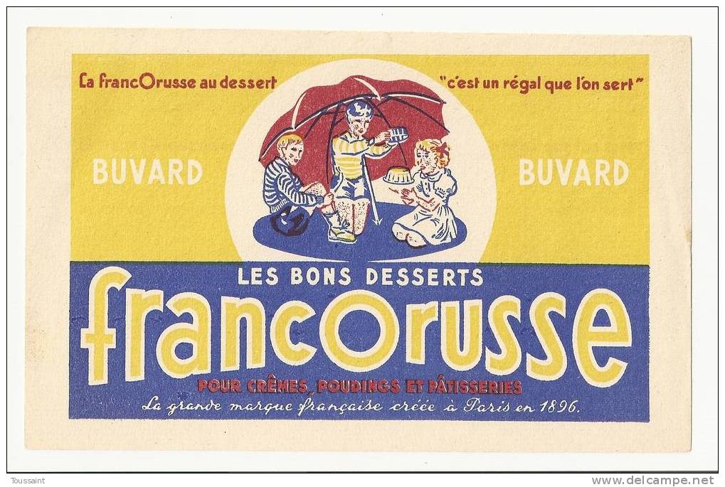 Buvard Francorusse: Dessert, Creme Et Pudding, Enfants Sous Un Parapluie (08-609) - Sucreries & Gâteaux