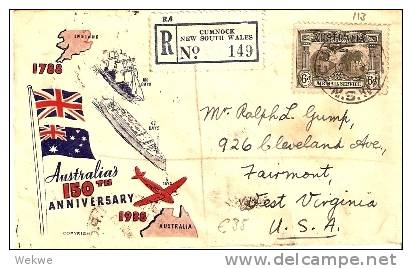AUS225 / Australien 150 Jahre. Illustrierter Brief  Als Einschreiben Nach USA, 1938 - Covers & Documents