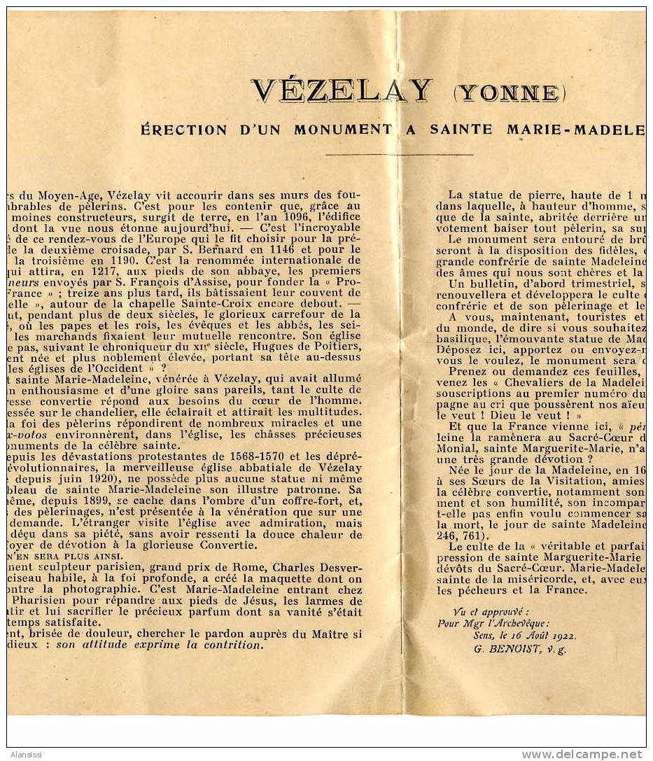 VEZELAY (YONNE ) ERECTION D´UN MONUMENT à Sainte Marie Madeleine.  1922 - Non Classés