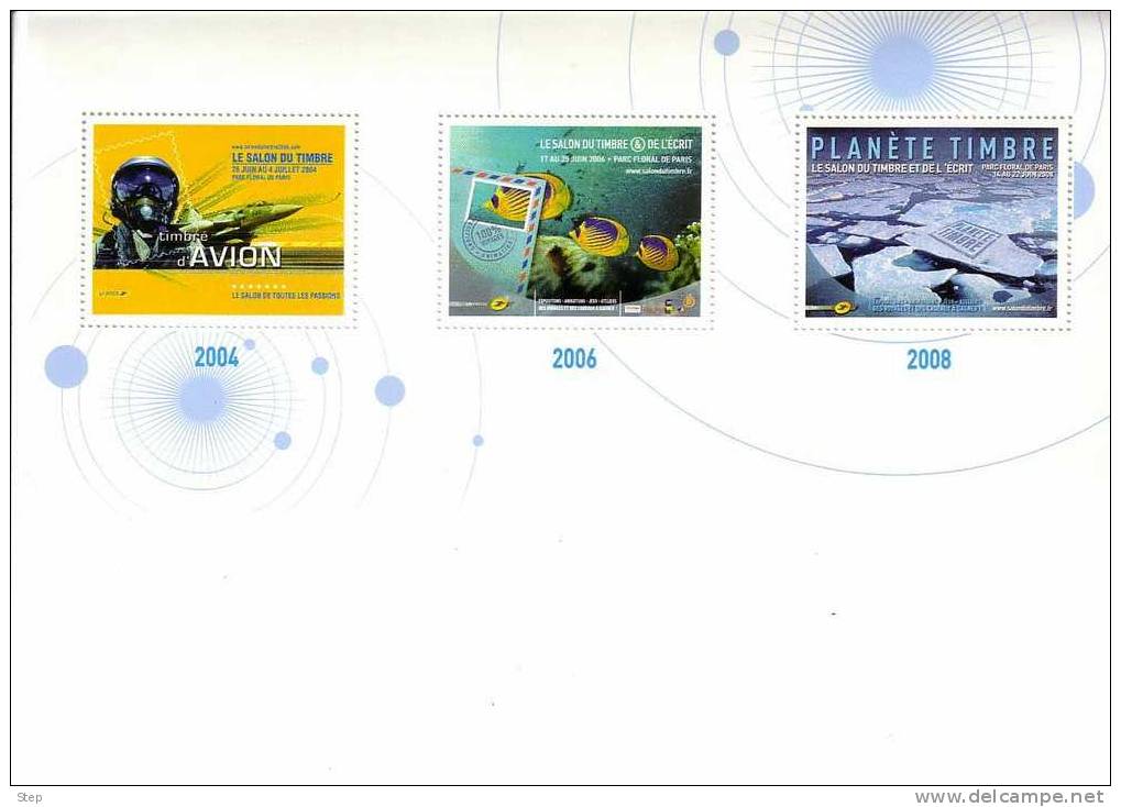 BLOC Avec 3 VIGNETTES SANS VALEUR D´AFFRANCHISSEMENT SALONS DU TIMBRE 2004, 2006 Et 2008 - Philatelic Fairs