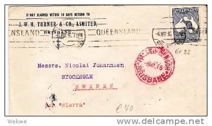 Aus238/ Roo Brisbane-Schweden 1916, Zensur In Rot - Storia Postale