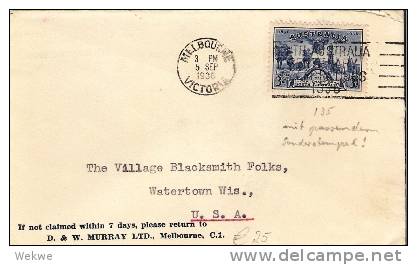 Aus249/ S.A., 100 Jahr,  Mit Passendem Stempel 1936(Melbourne To Westerntown USA - Briefe U. Dokumente