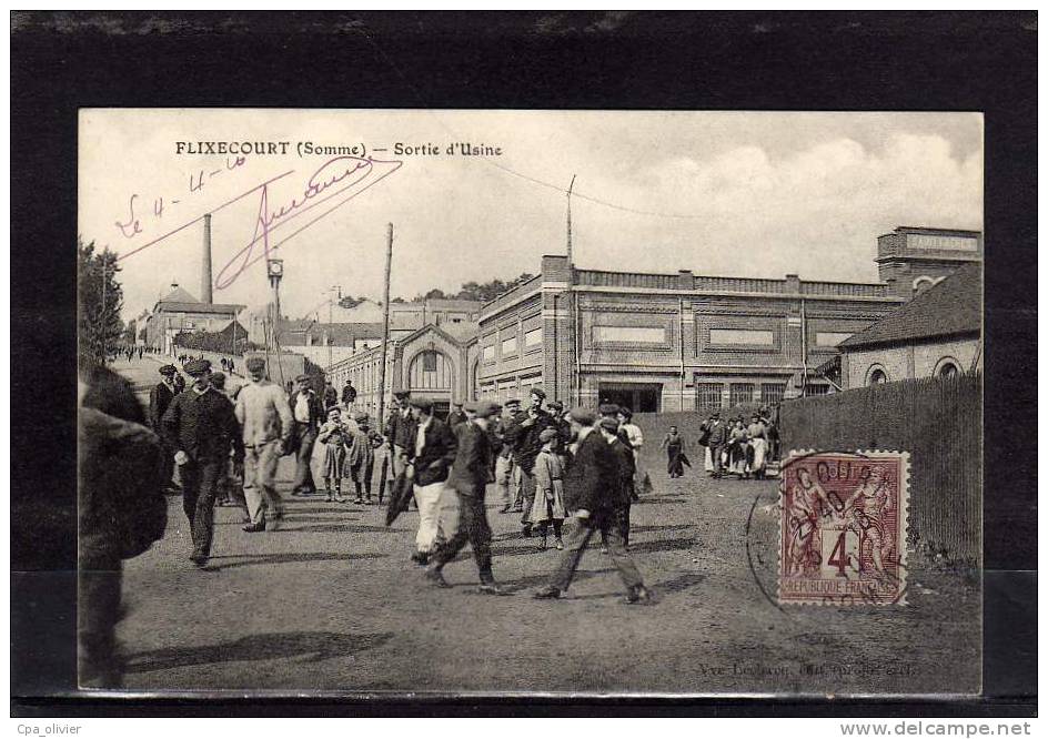 80 FLIXECOURT Usine Saint, Sortie Des Ouvriers, Très Animée, Beau Plan, Timbre Sage 4cts, Ed Leclercq, 1910 - Flixecourt