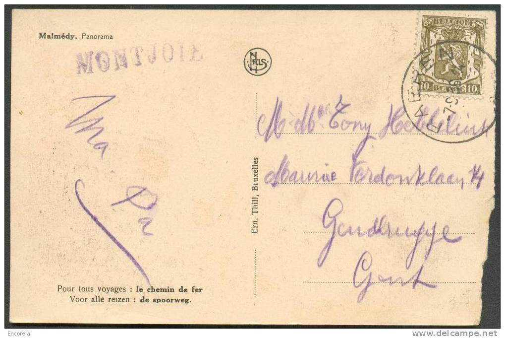 N°420 Obl. Sc RAEREN 7-9-1936 S/C.V. Avec Griffe Violette Ferroviaire De MONTJOIE Vers Gendbrugge. RR (On Connaît Au Max - Sello Lineal