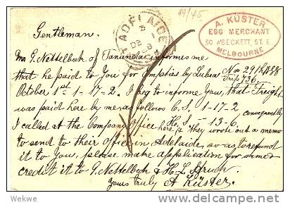 VIC093 / Melb.ourne 1888, GA P 8, Port Adelaide S.A. - Briefe U. Dokumente