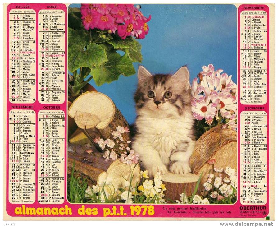 ALMANACH DES PTT 1978 UN CHAT NOMME RODILARDUS LE CHIEN DE LAMAISON EST SI DOUX OBERTHUR - Grand Format : 1971-80