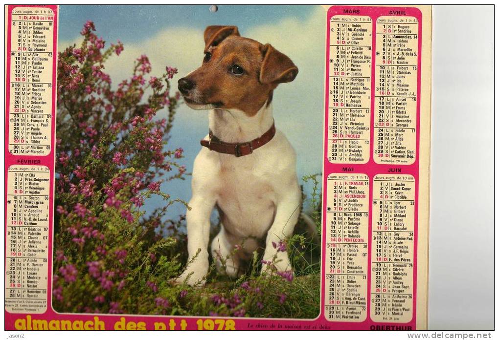 ALMANACH DES PTT 1978 UN CHAT NOMME RODILARDUS LE CHIEN DE LAMAISON EST SI DOUX OBERTHUR - Formato Grande : 1971-80