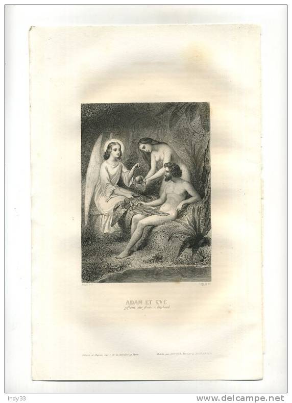 - ADAM ET EVE OFFRENT DES FRUITS .... GRAVURE SUR ACIER DU XIXe S. - Religion & Esotérisme