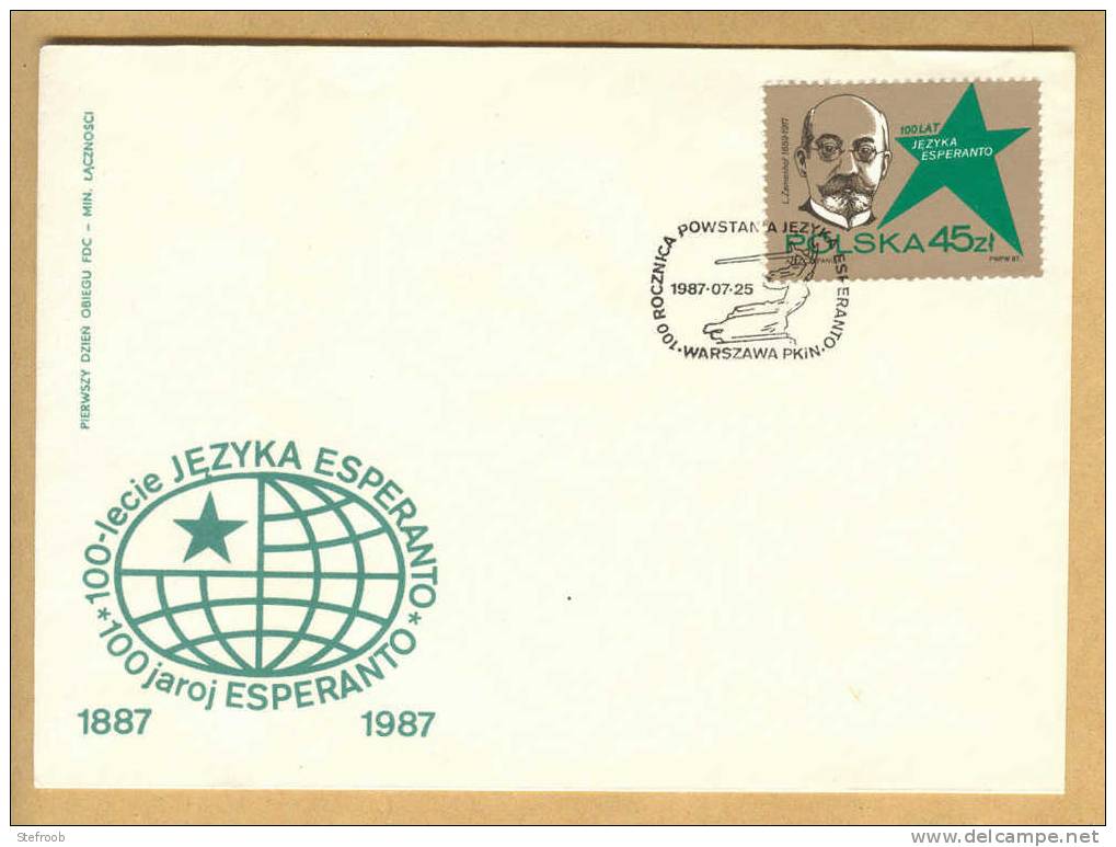 FDC Polen 1987: 100 Jaar Esperanto - Zamenhof 1887 - 1987 - Ster - Mooie Afstempeling - Esperánto